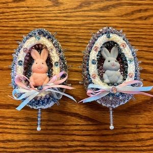 Rare Vintage Herrschners Beaded Sequin Easter Bunny Egg Ornaments Set of 2
